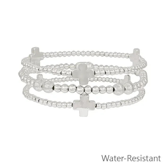 Silver Cross Charm Stretch Water Resistant Bracelets Set