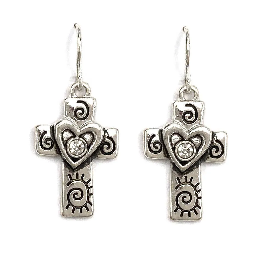Silver Cross with Heart Rhinestone Earrings: