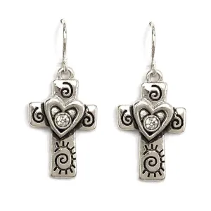 Silver Cross with Heart Rhinestone Earrings: