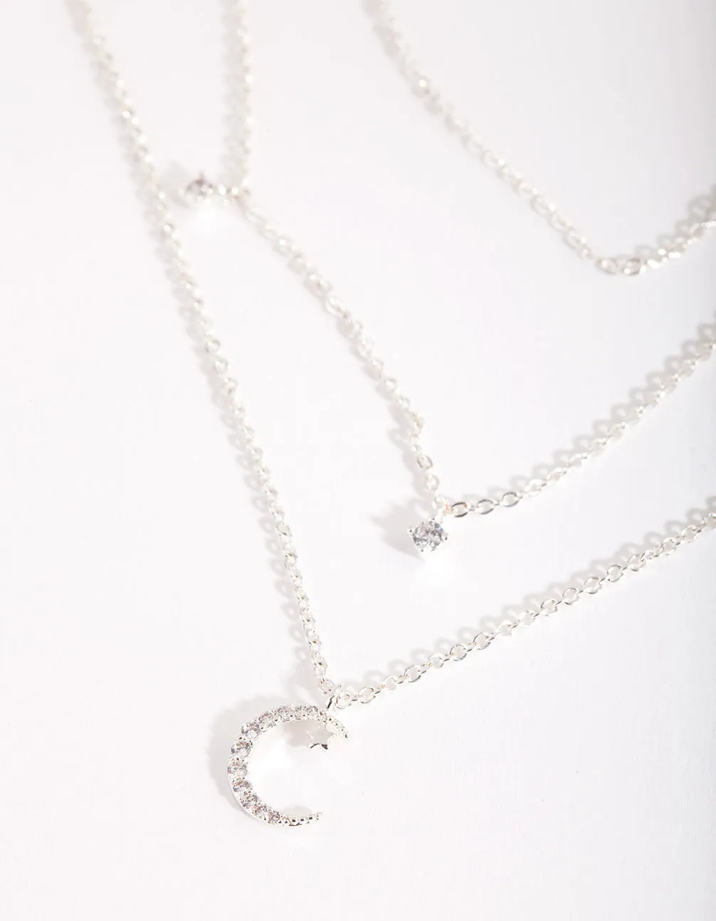 Silver Cubic Zirconia 3 Row Moon & Droplet Necklace