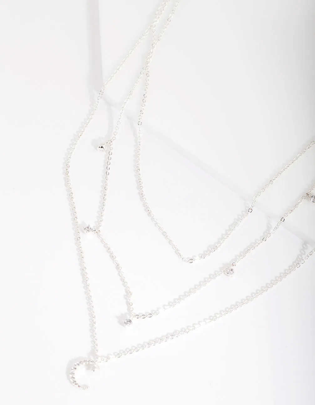Silver Cubic Zirconia 3 Row Moon & Droplet Necklace