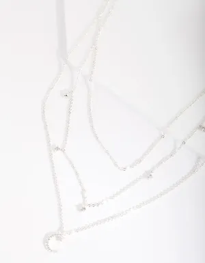 Silver Cubic Zirconia 3 Row Moon & Droplet Necklace