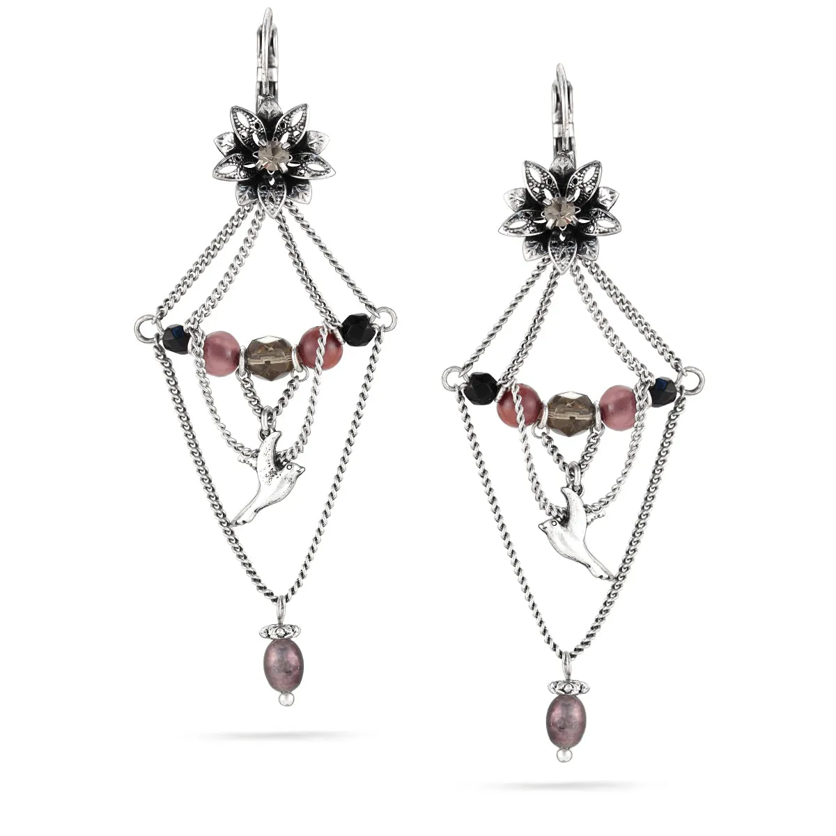 SILVER FLOWER CRYSTAL DROP  EARRINGS #215BK3601 (1C5)