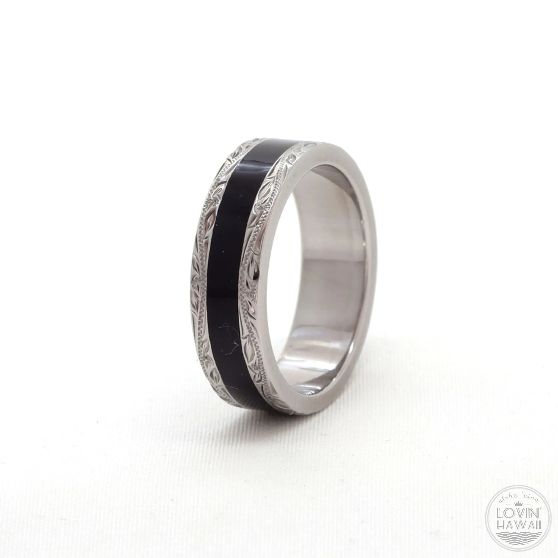 Silver Hawaiian Ring With Black Rhodium and Enamel (6mm Width, Flat Style)