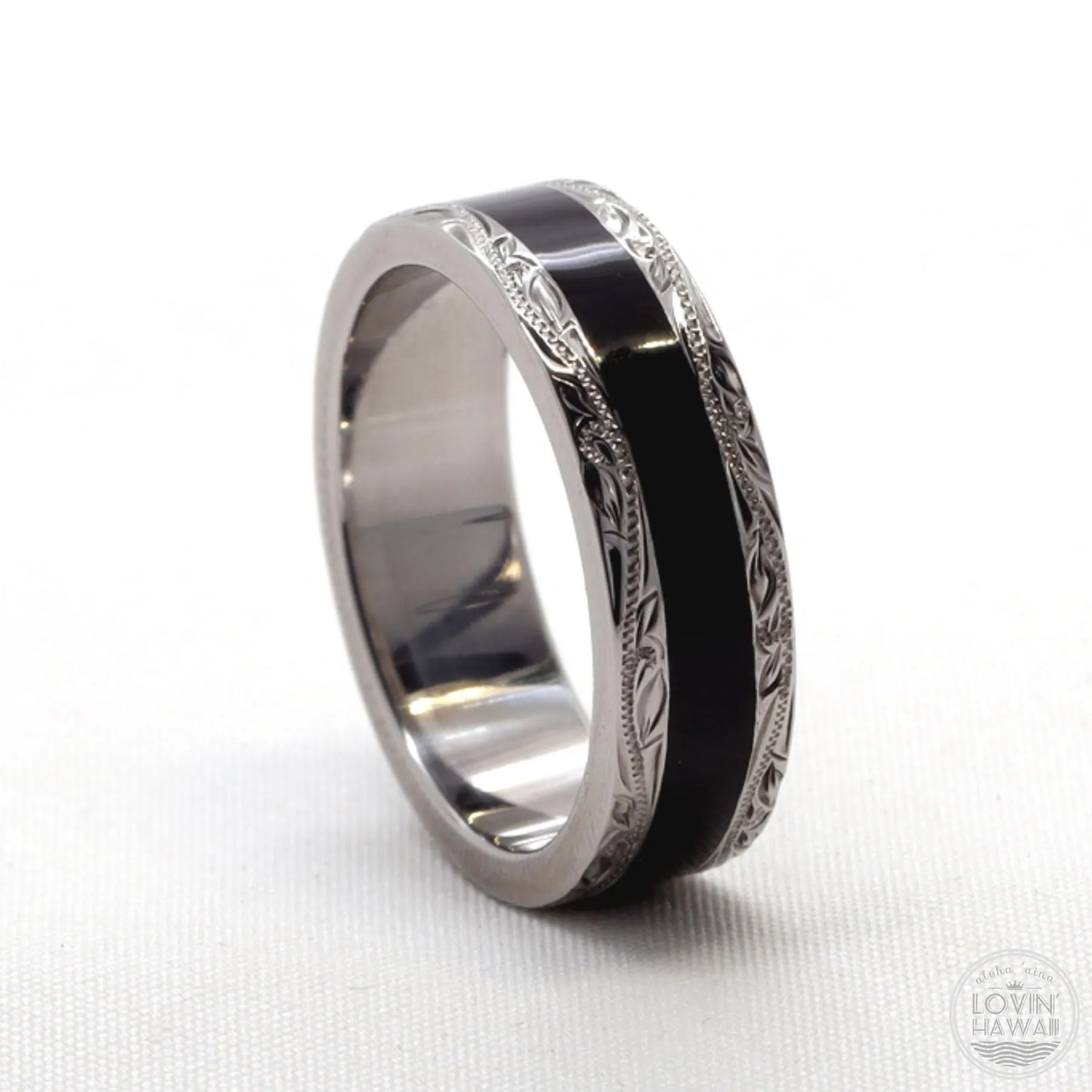 Silver Hawaiian Ring With Black Rhodium and Enamel (6mm Width, Flat Style)