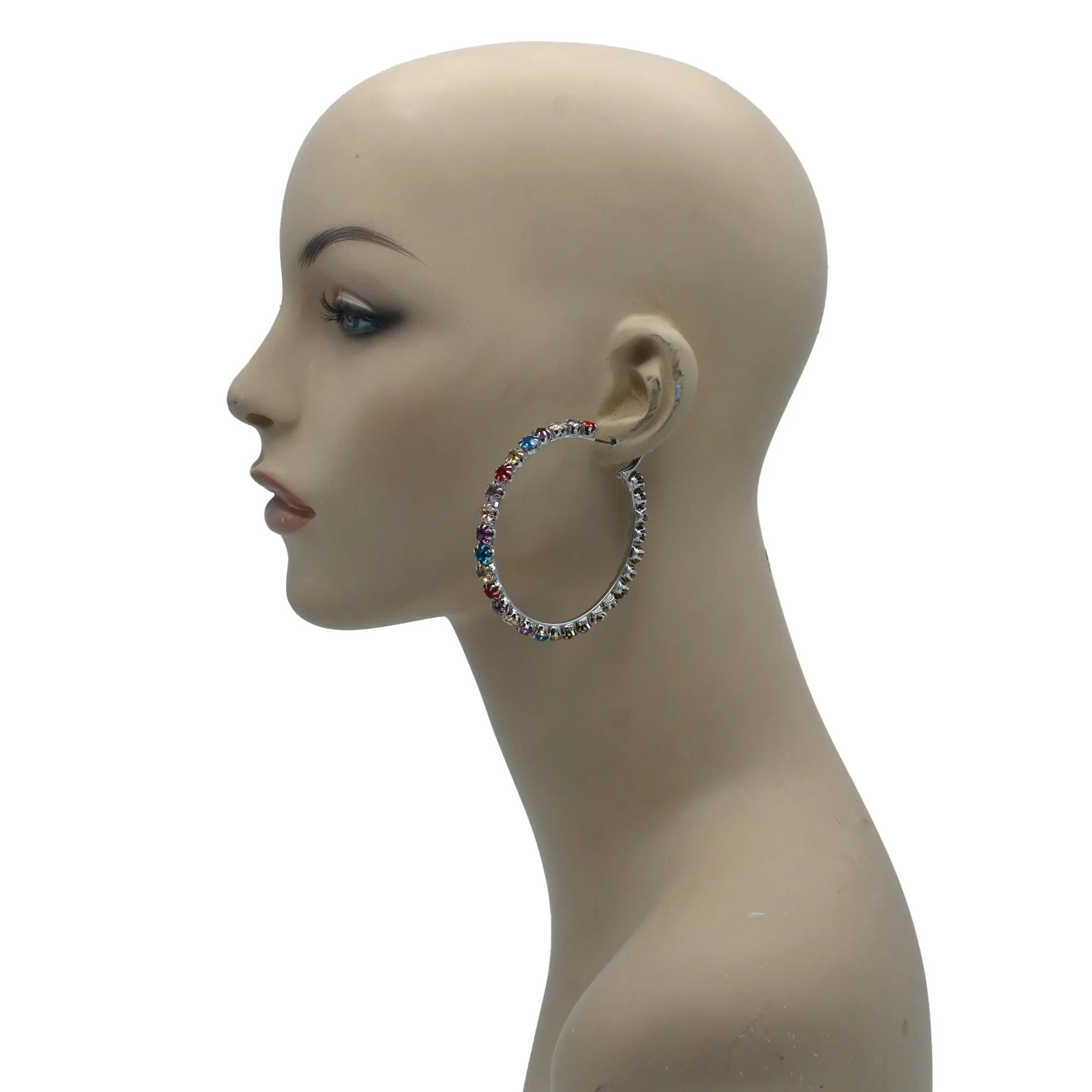 SILVER MULTI COLOR RHINESTONE HOOP EARRING# HNE90686SIL(LH26)
