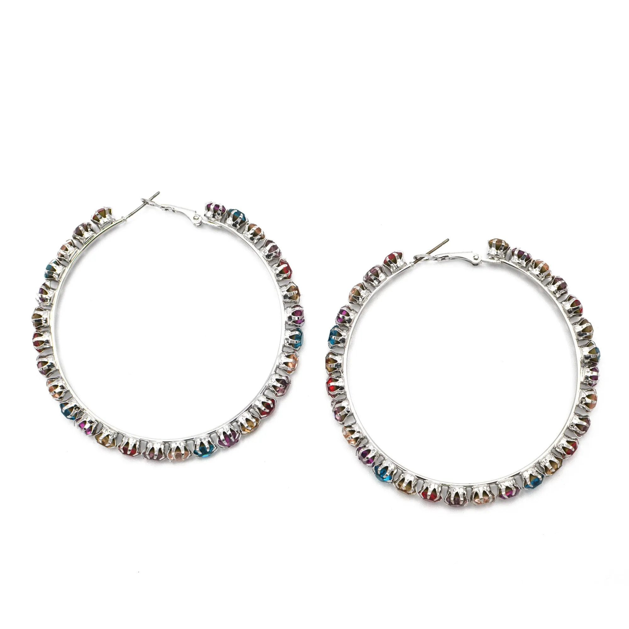 SILVER MULTI COLOR RHINESTONE HOOP EARRING# HNE90686SIL(LH26)