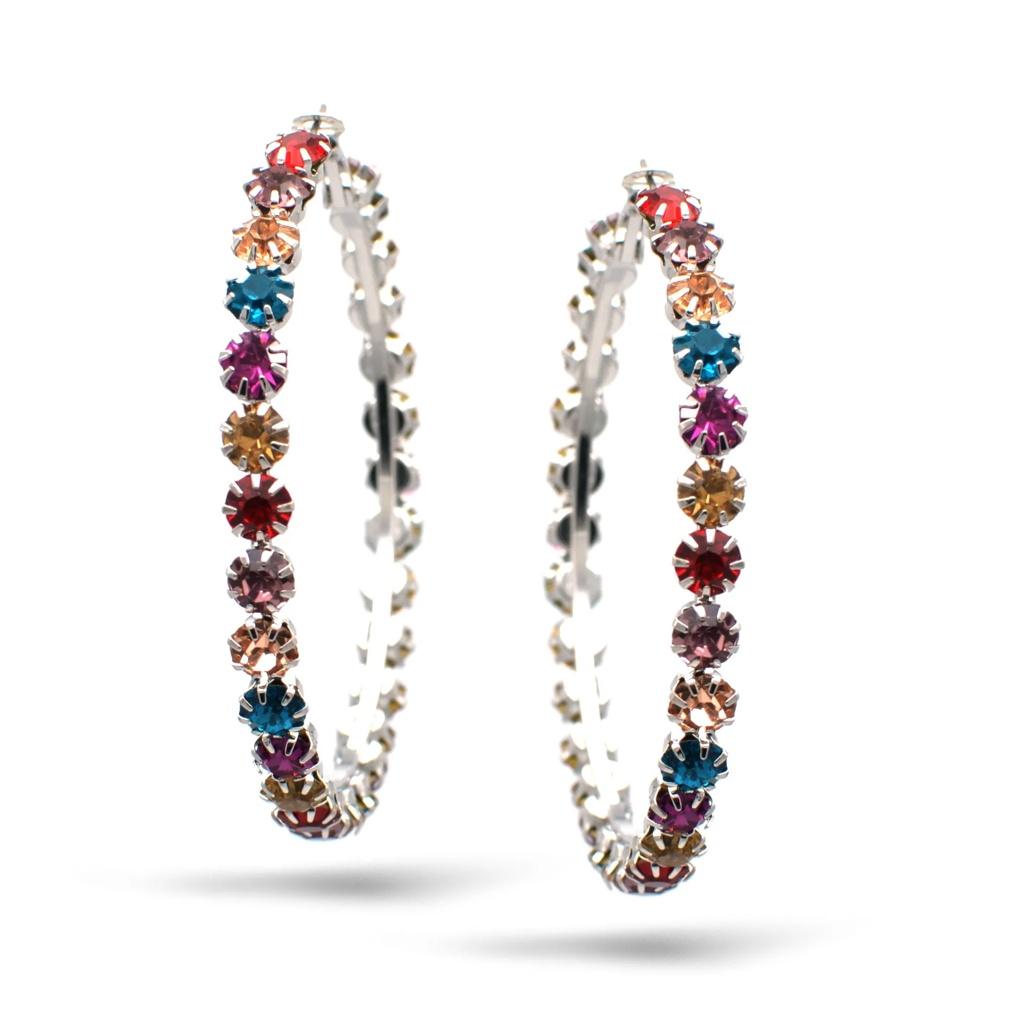 SILVER MULTI COLOR RHINESTONE HOOP EARRING# HNE90686SIL(LH26)