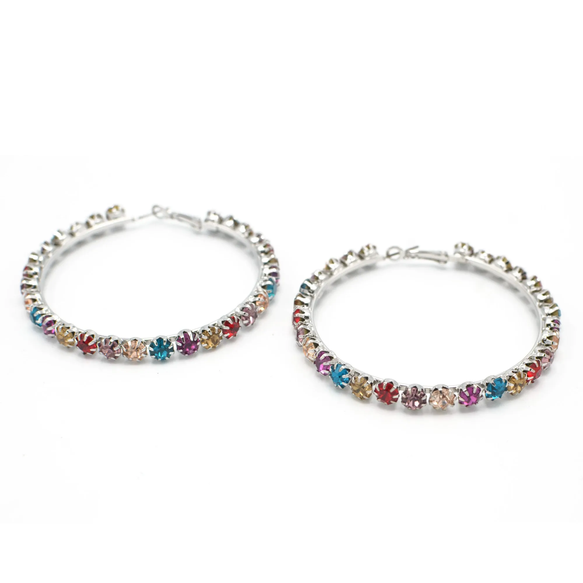 SILVER MULTI COLOR RHINESTONE HOOP EARRING# HNE90686SIL(LH26)