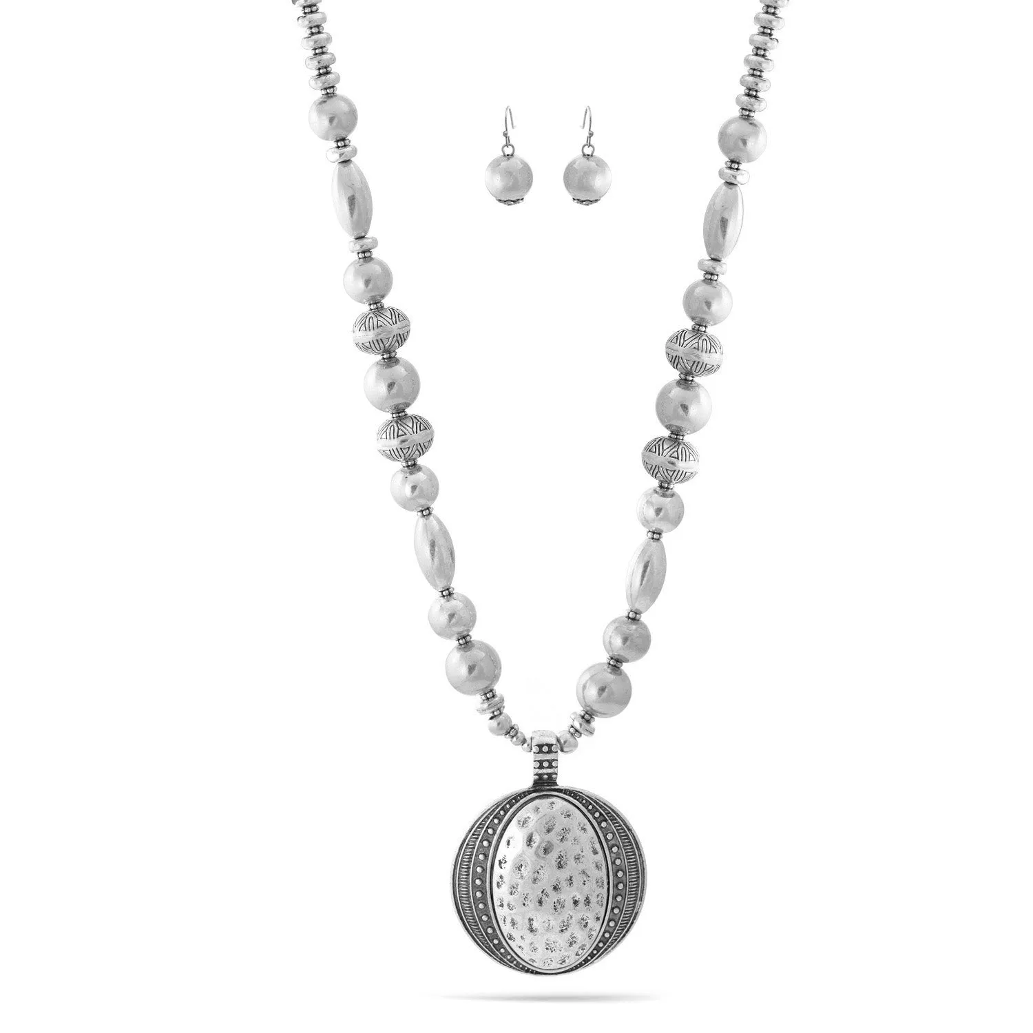 Silver Oxidize Beads and Hammered Round Pendant Necklace And Earrings Set#HNN E89315SLOX