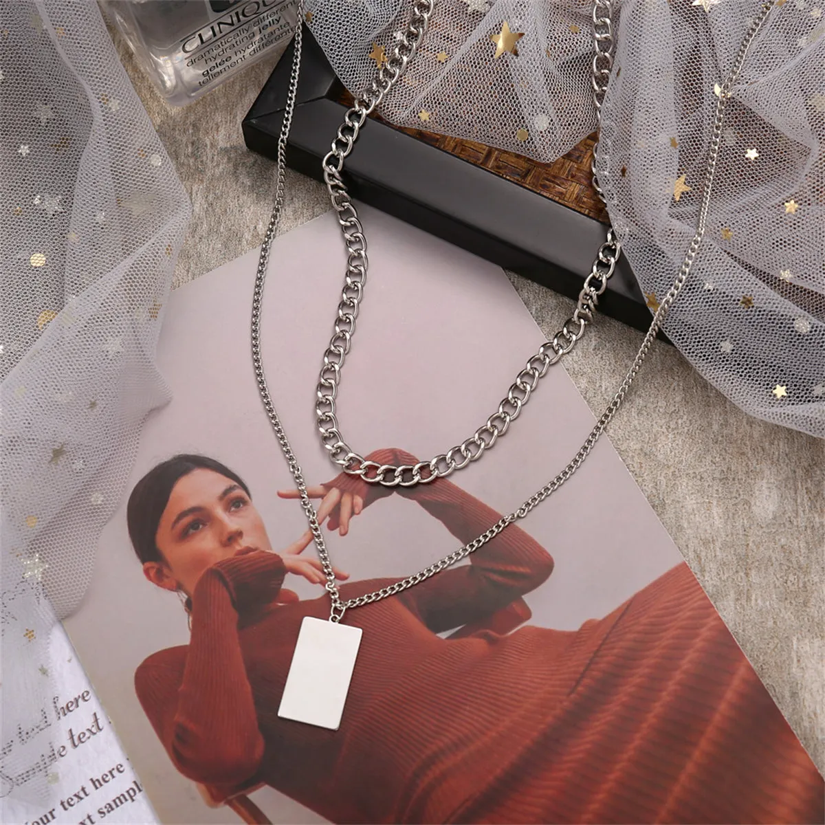 Silver-Plated Rectangle Layered Pendant Necklace