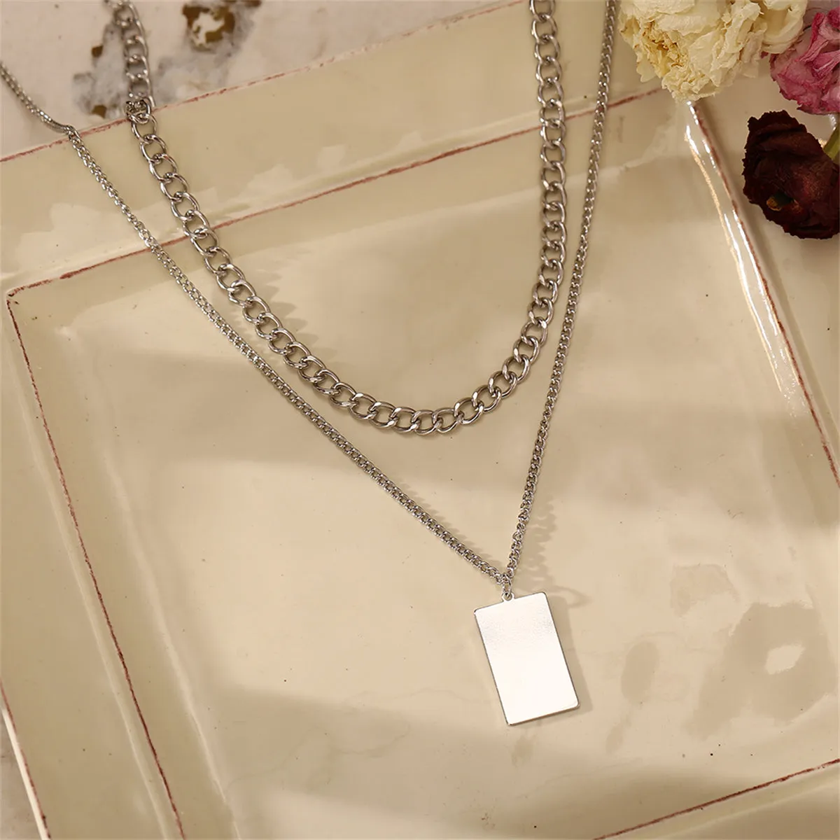 Silver-Plated Rectangle Layered Pendant Necklace