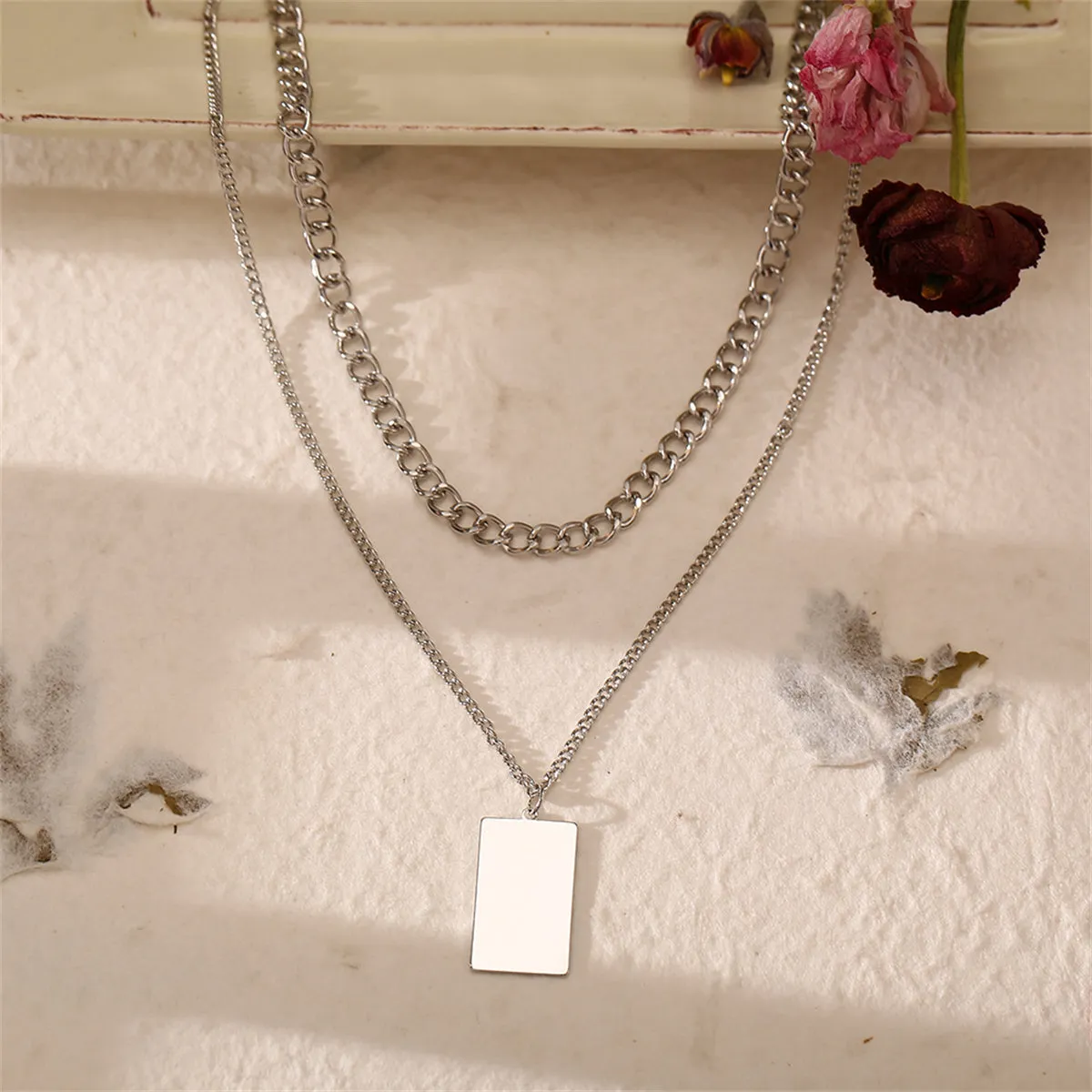 Silver-Plated Rectangle Layered Pendant Necklace