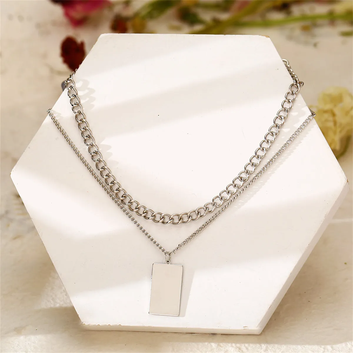 Silver-Plated Rectangle Layered Pendant Necklace