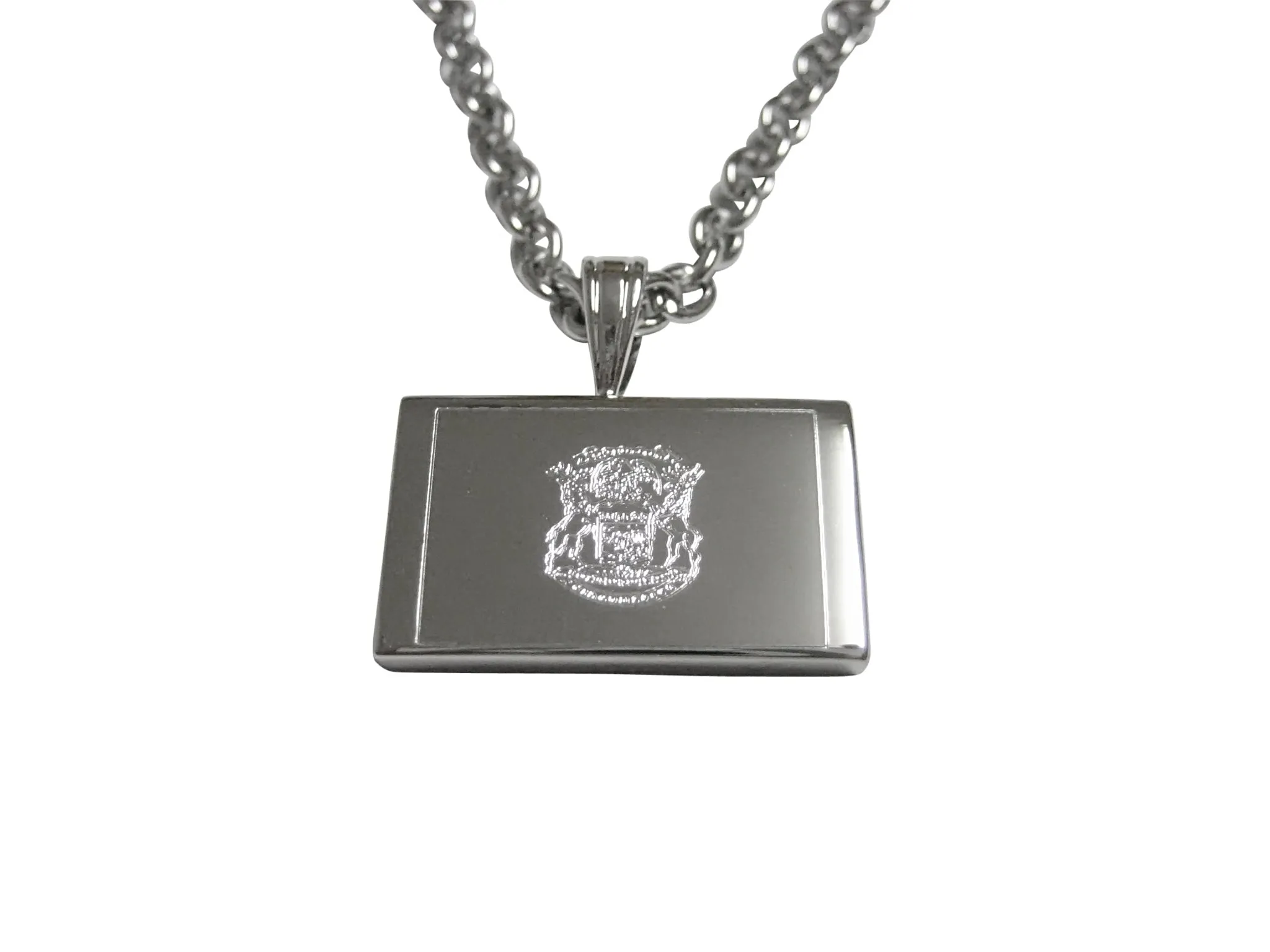 Silver Toned Etched Michigan State Flag Pendant Necklace