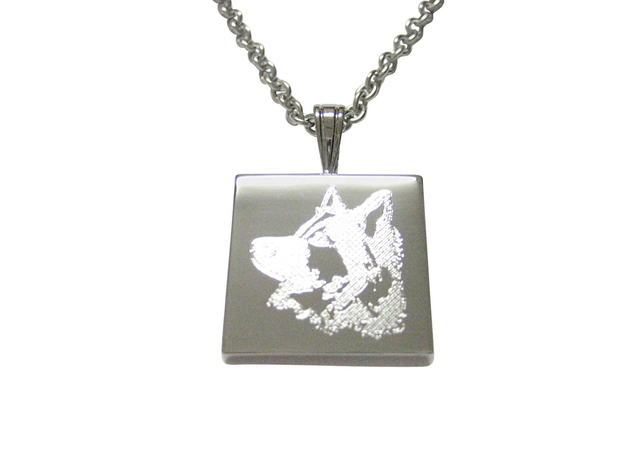 Silver Toned Etched Side Facing Dog Head Pendant Necklace