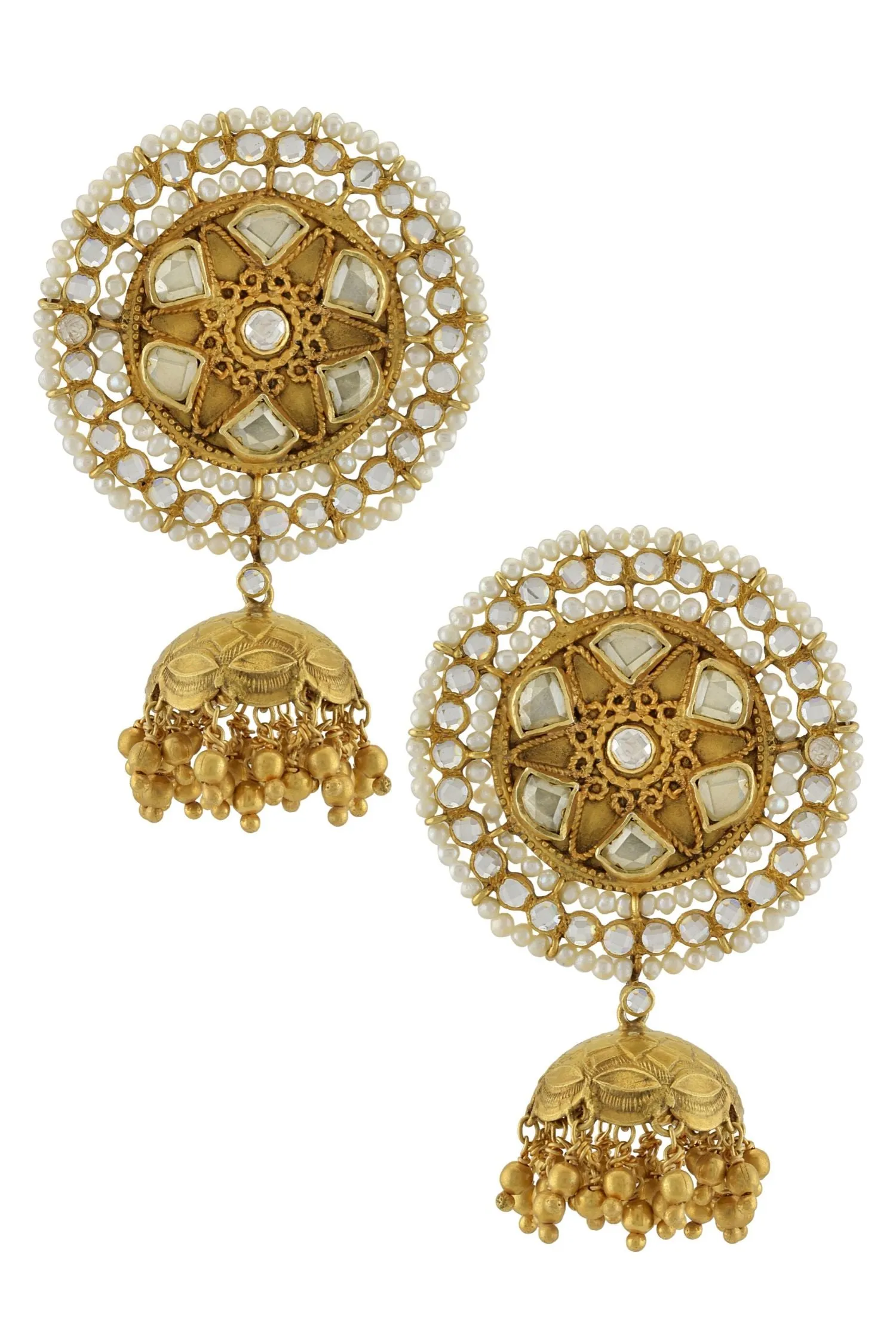 Silver Twisted Wire Pearl Crystal Bead Jhumki Earrings