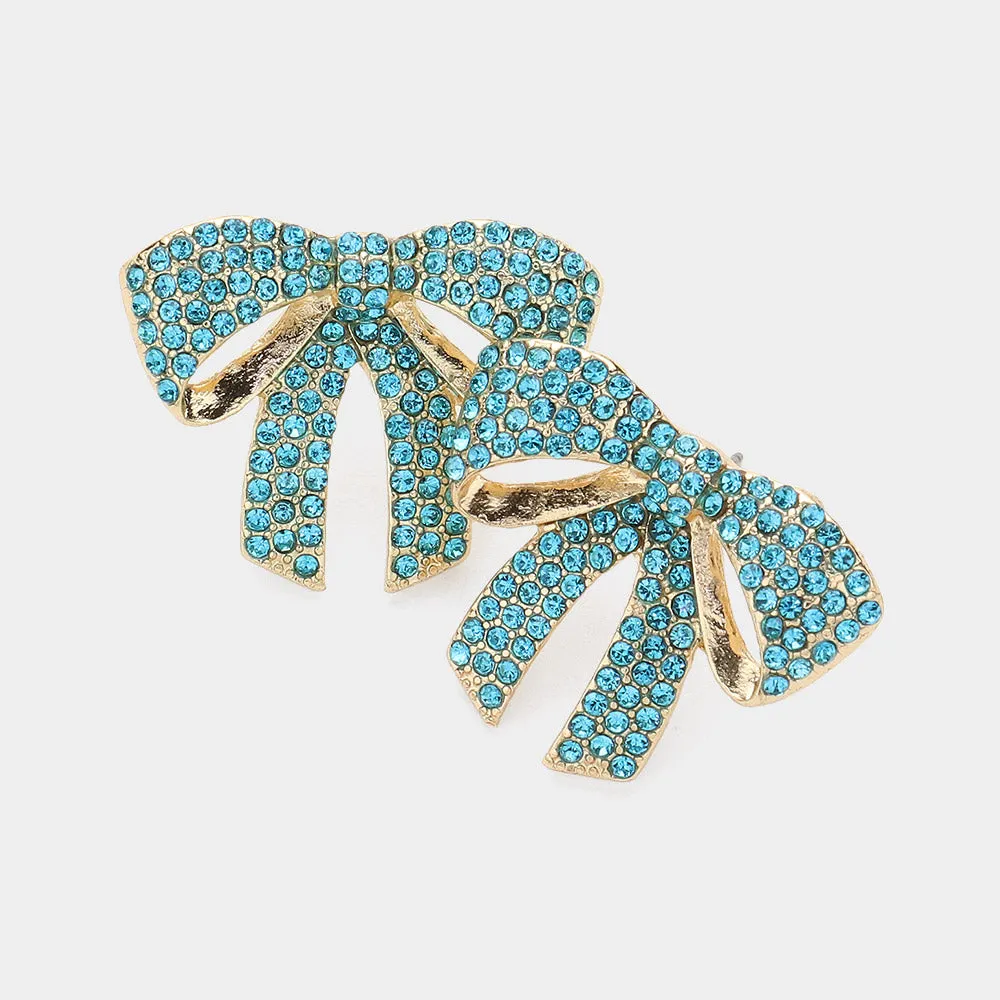 Small Aqua Rhinestone Bow Pageant Earrings | Aqua Bow Earrings |  634278