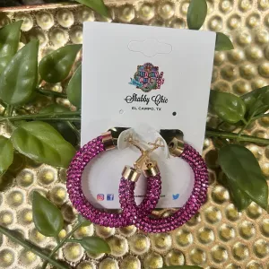 Small Blingy Hoop Earrings - Hot Pink