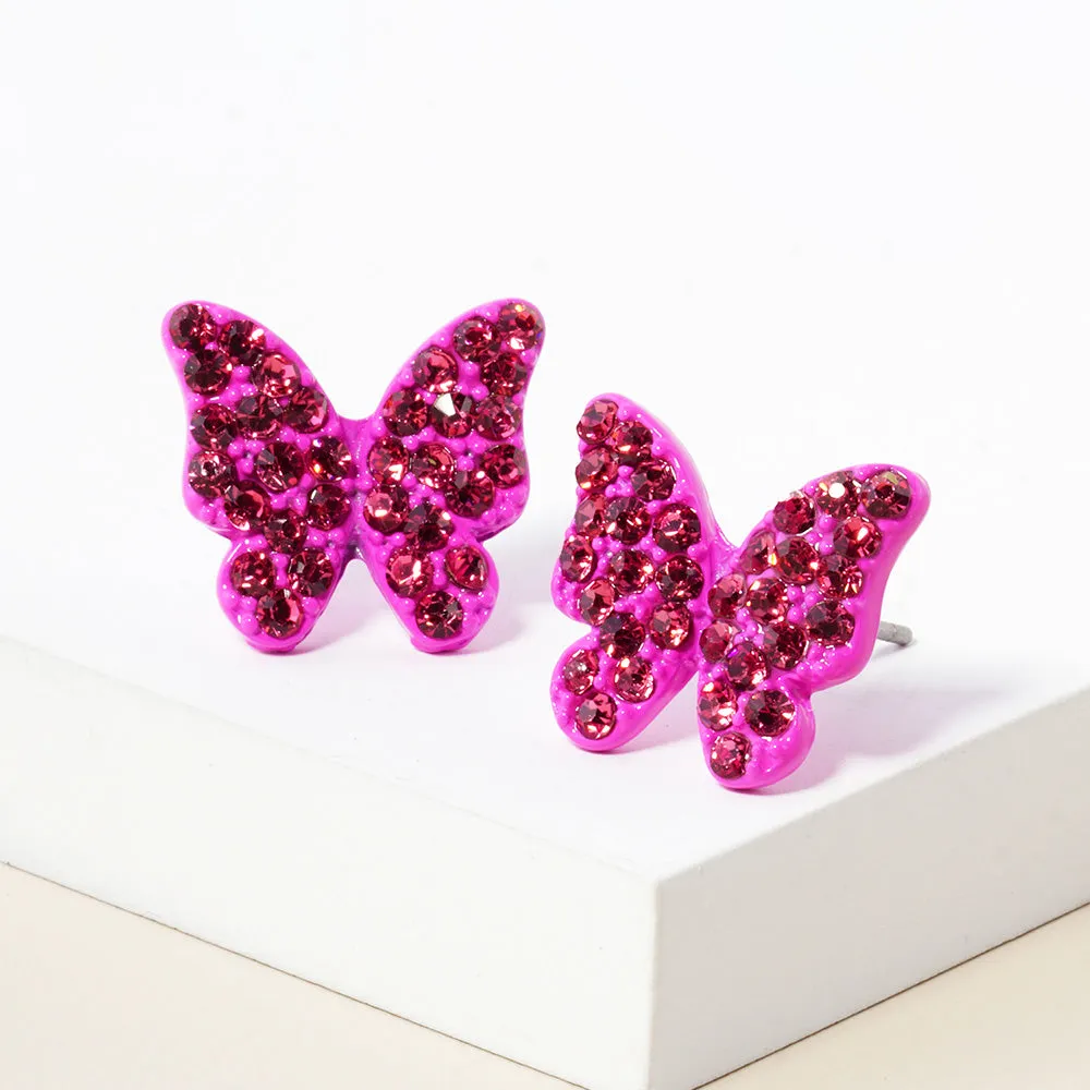 Small Fuchsia Rhinestone Butterfly Stud Pageant Earrings | Crystal Earrings for Little Girls | 152185