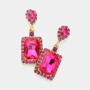 Small Fuchsia Square Stone and Rhinestone Edged Dangle Pageant Earrings  | Interview Earrings |  622233