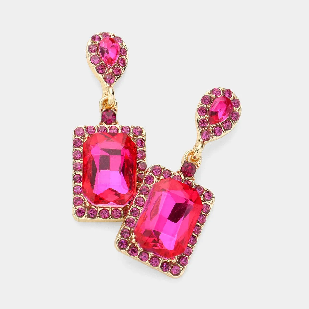Small Fuchsia Square Stone and Rhinestone Edged Dangle Pageant Earrings  | Interview Earrings |  622233