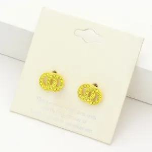 Small Yellow Rhinestone Double Open Circle Link Stud Pageant Earrings | Earrings for Little Girls  |  170422