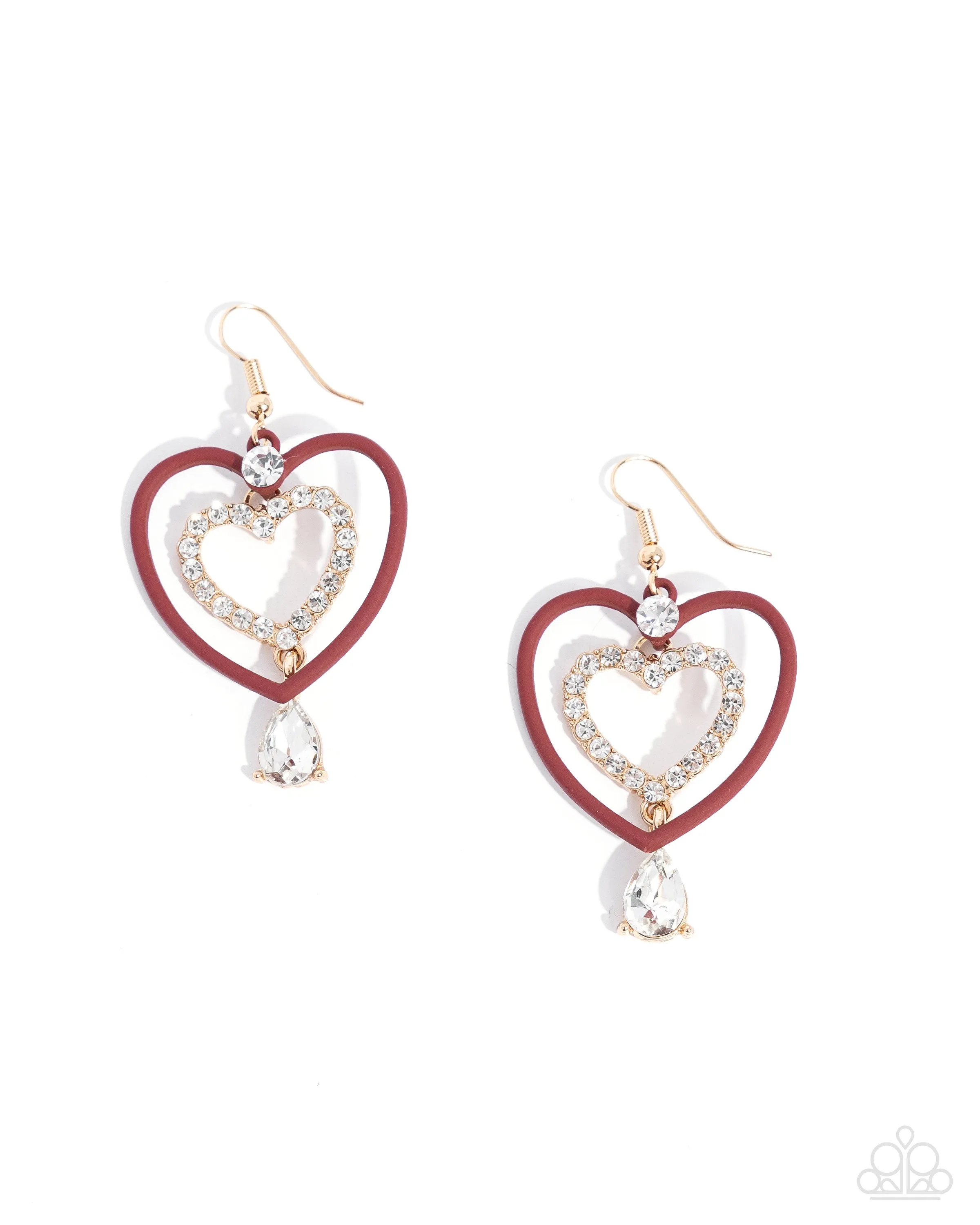 Soft and Sweet - Red - Painted Frame White Rhinestone Gold Paparazzi Fishhook Earrings