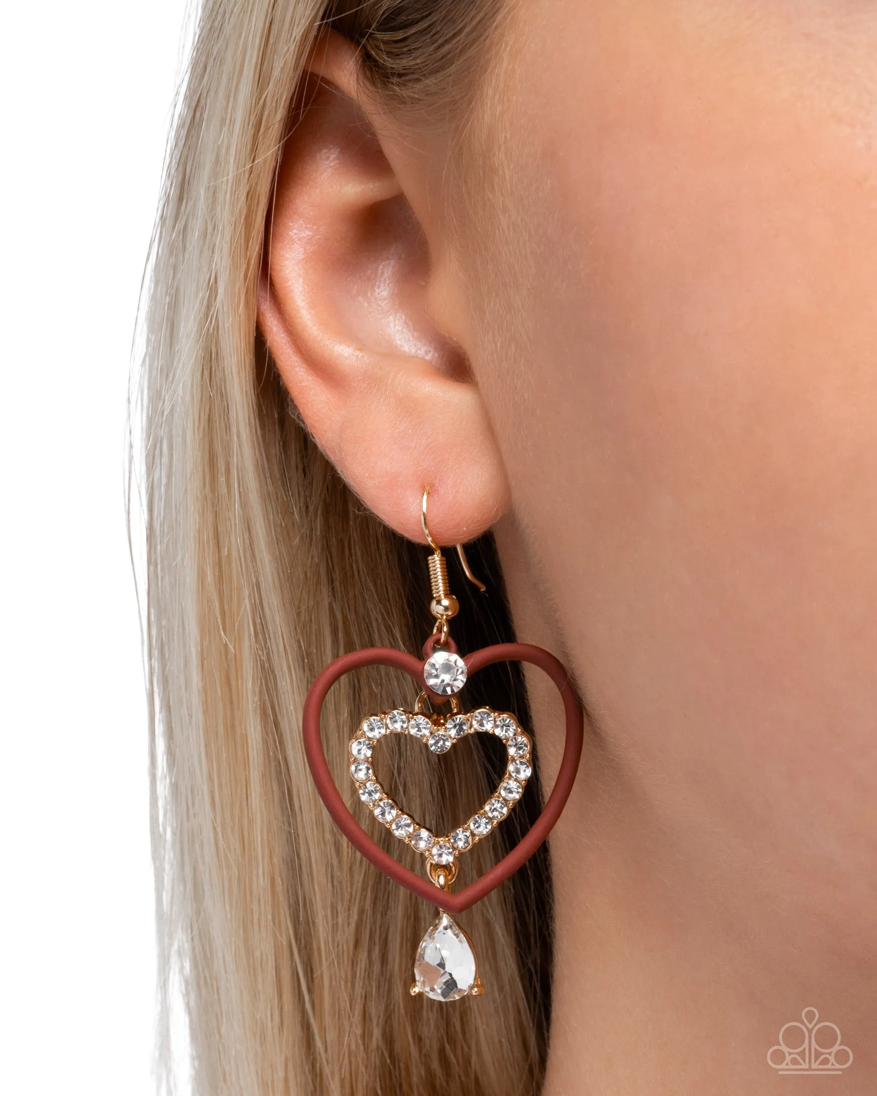 Soft and Sweet - Red - Painted Frame White Rhinestone Gold Paparazzi Fishhook Earrings