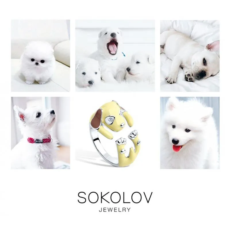 SOKOLOV - Puppy Hug Ring - Sterling Silver 925 With Enamel And Fianite, Beige