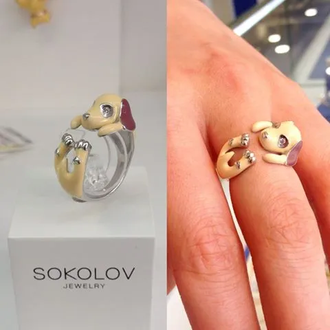 SOKOLOV - Puppy Hug Ring - Sterling Silver 925 With Enamel And Fianite, Beige