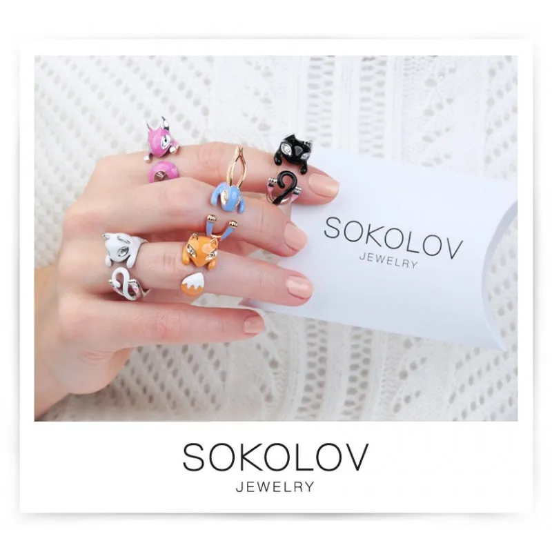 SOKOLOV - White Cat Hug Ring - Sterling Silver 925 With Enamel And CZ, White