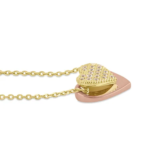 Solid 14K Gold Layered Heart with Clear CZ Necklace