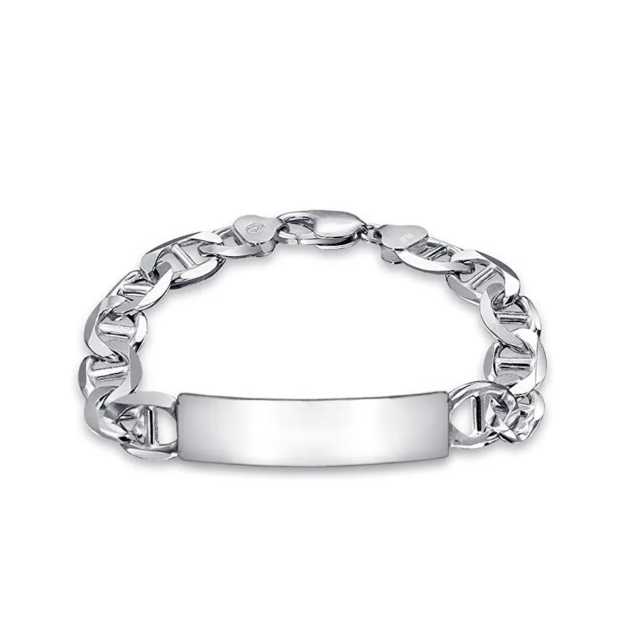 Solid Silver Wide Mariner Chain Men's ID Tag Bracelet Custom Engrave