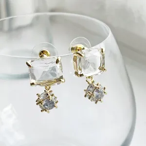 Square Ice Cube Stud Earrings - Sterling Silver and Crystal Jewelry Gift Box Included