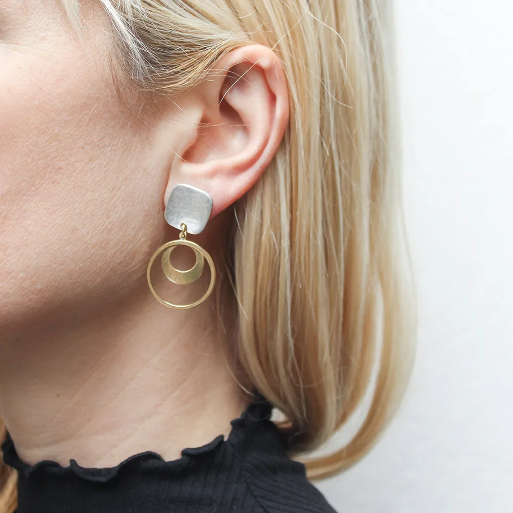 Square with Rings and Cutout Disc Clip or Post Earring