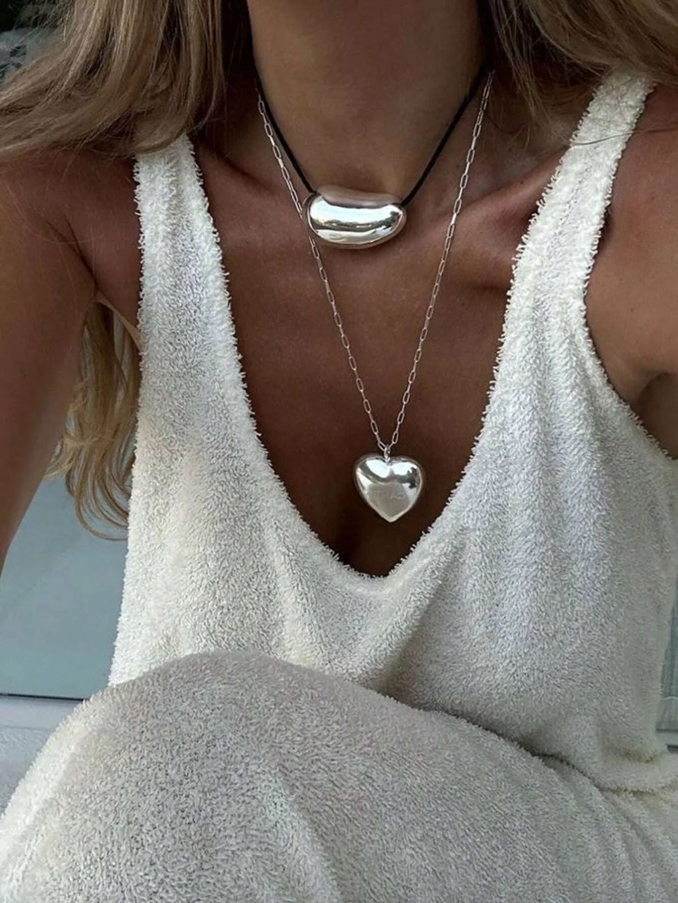 Stainless Steel Double Layered Silver Heart Necklace