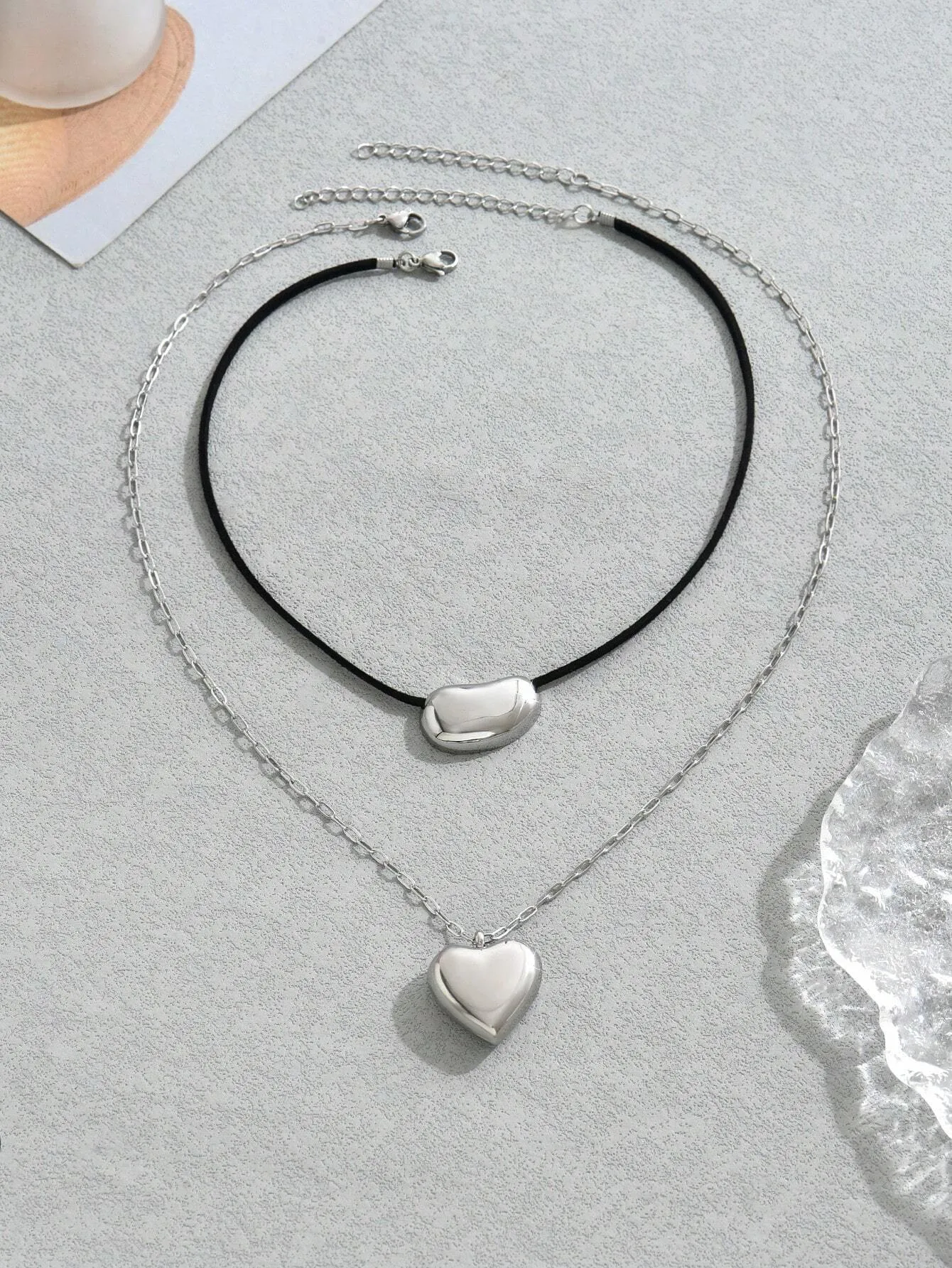 Stainless Steel Double Layered Silver Heart Necklace
