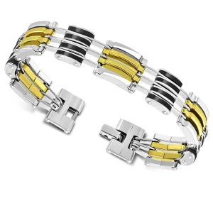 Stainless Steel Silver-Tone Gold-Tone Black Link Chain Men's Bracelet, 8.75"