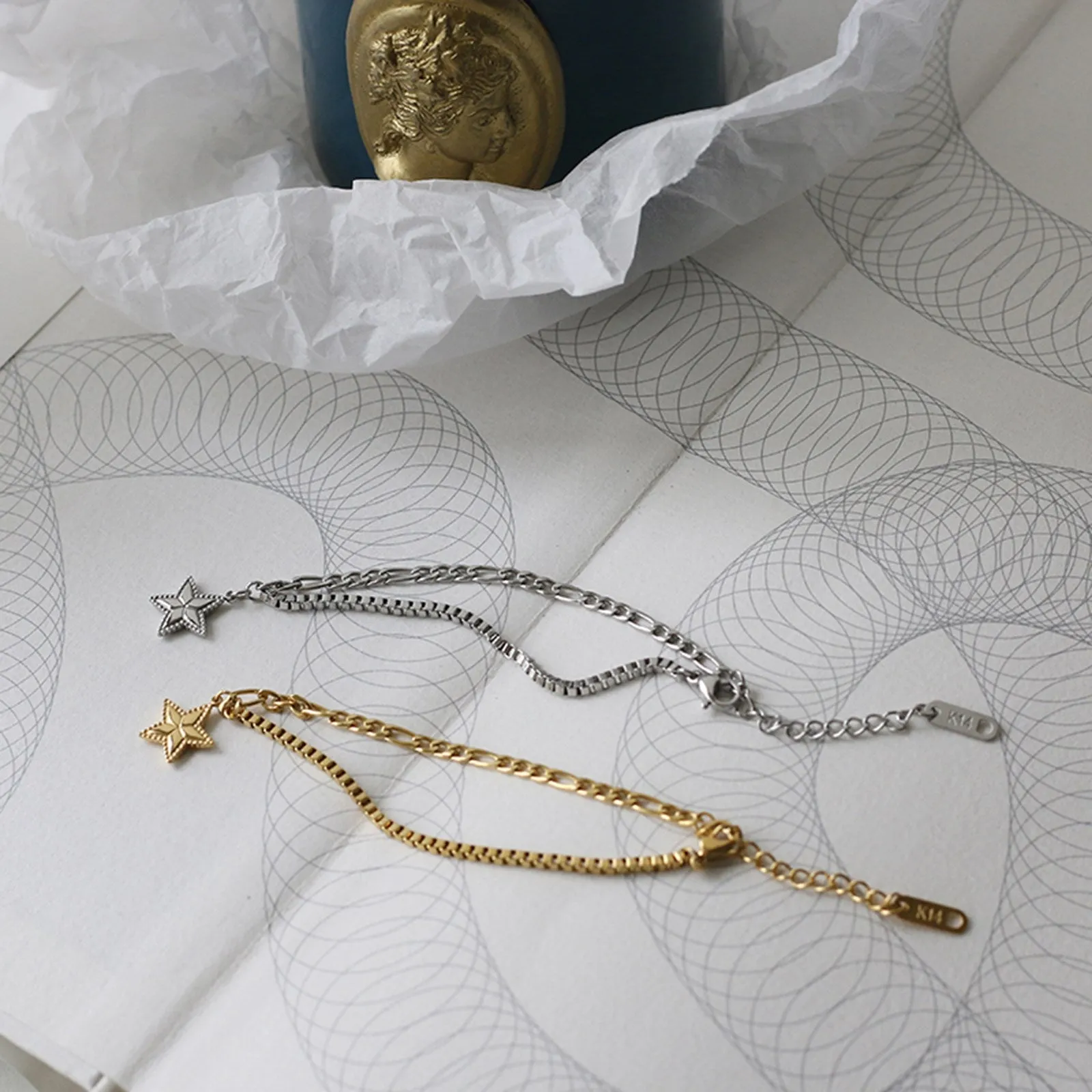 Star Charm with Mixed Cuban Chain Bracelets
