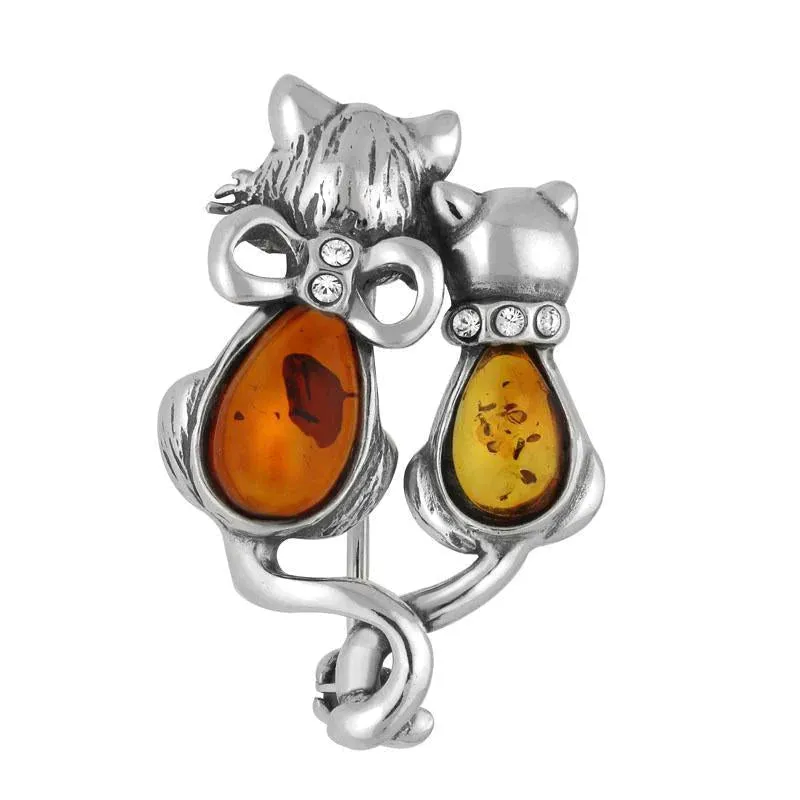 Sterling Silver Amber Cat Brooch