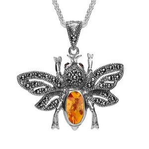 Sterling Silver Amber Marcasite Bee Necklace