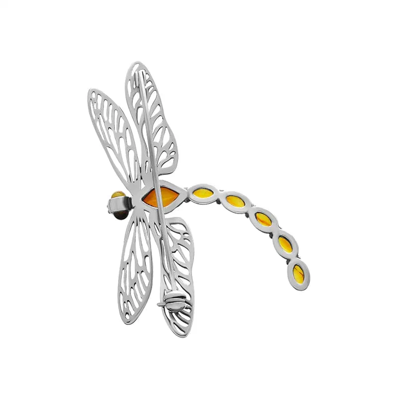 Sterling Silver Baltic Amber Filigree Wings Dragonfly Brooch