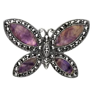 Sterling Silver Blue John Marcasite Four Stone Style & Fashion Butterfly Brooch