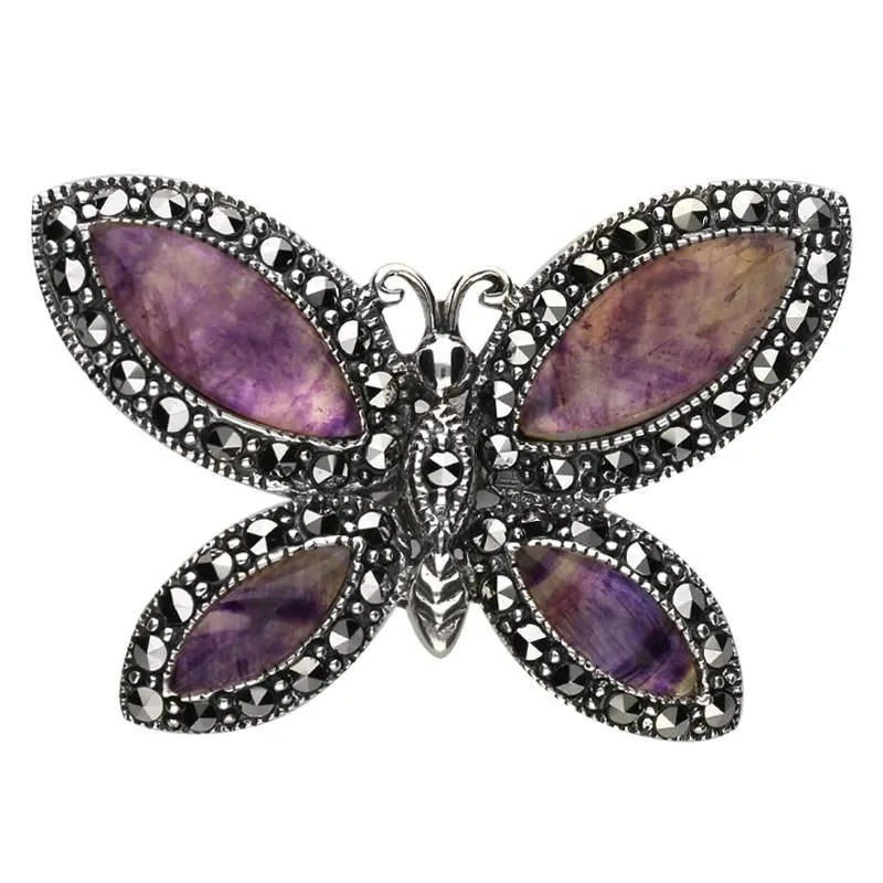 Sterling Silver Blue John Marcasite Four Stone Style & Fashion Butterfly Brooch