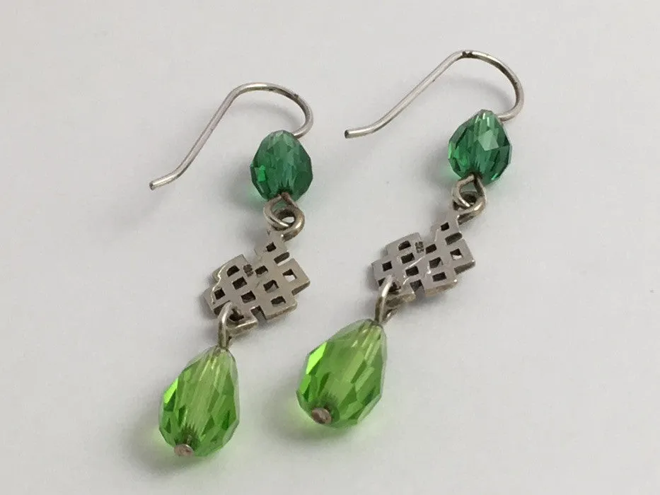 Sterling Silver Celtic knot  dangle Earrings-Tibetan endless,green crystal,knots