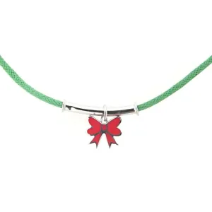Sterling Silver Imperial Red Enamel Bow adjustable green cord necklace