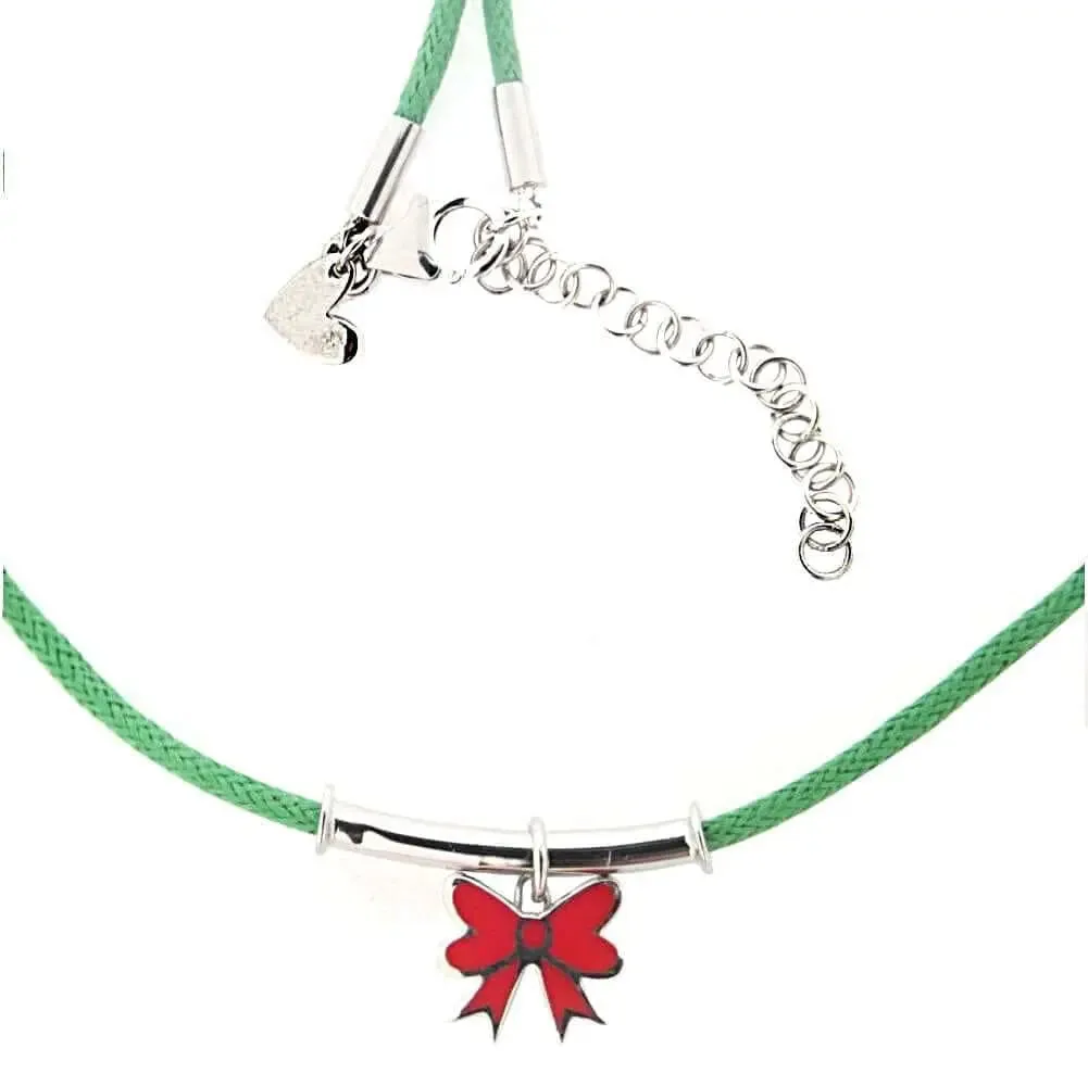 Sterling Silver Imperial Red Enamel Bow adjustable green cord necklace