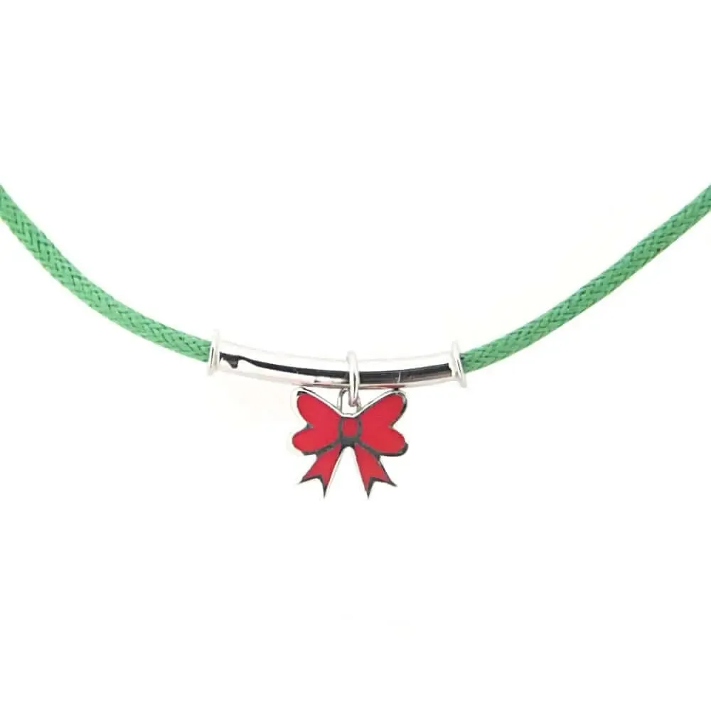 Sterling Silver Imperial Red Enamel Bow adjustable green cord necklace