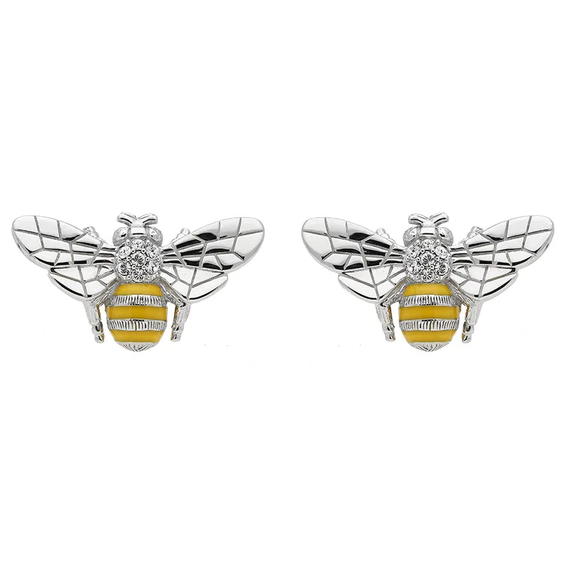 Sterling Silver Swarovski Crystal Yellow Enamel Style & Fashion Bee Stud Earrings